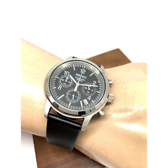 Seiko Men's Watch SSB007 Quartz Chronograph Black Dial Leather Strap 40mm - Picture 6 of 14